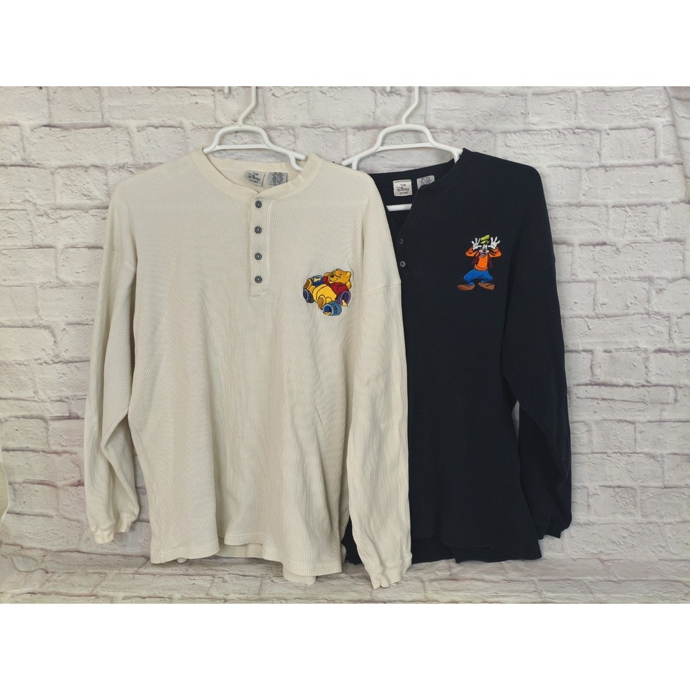 Disney Thermal Waffle Knit Henley Cream Pooh Black Goofy Shirts Men's XXL Cotton